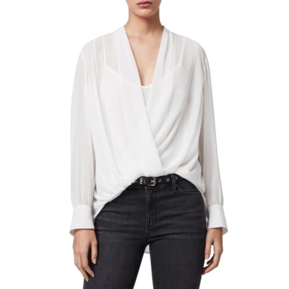 All saints women’s ivory sheer twisted cross over long sleeves minimalist top M